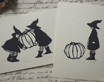 PACK WITCHES. Set of two postcards The big pumpkin and Harvest. linocut. Linocut. Halloween.