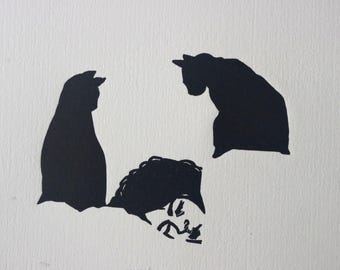 Linoleumtryck. Morgon. Handtryckt. Handtryckt linosnitt.