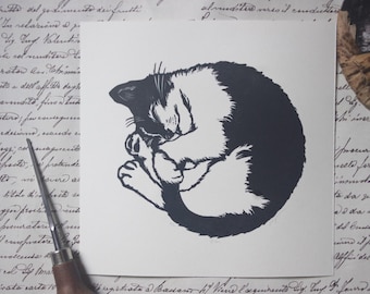 Linocut Bibi. Hand printed. Hand-printed linocut. Cat print. Little cat