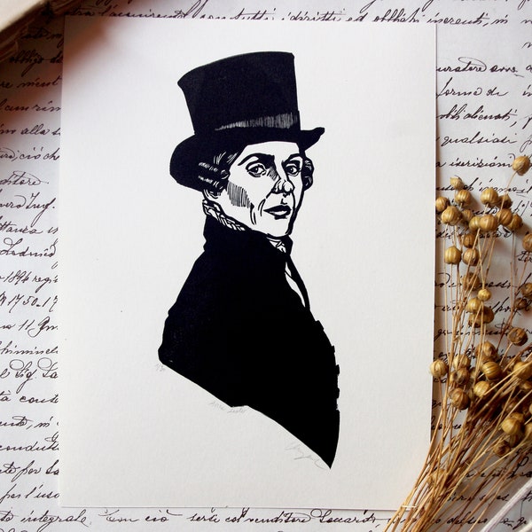 Linocut Anne Lister. Gentleman Jack. Linogravure imprimée à la main. Hand printed Linocut.