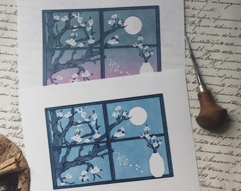 Linogravure Le vieux cerisier. Linocut. Hand printed. Cherry blossoms.
