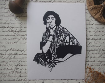 Linocut Vita Sackville-West. Hand printed. Linogravure imprimée à la main.