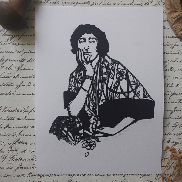 Linocut Vita Sackville-West. Hand printed. Linogravure imprimée à la main.