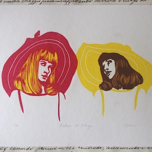 Print of Delphine and Solange. Engraved and printed by hand. Hand-printed linoprint. The Young Girls of Rochefort.