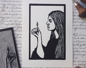 Linocut The Arsonist. Hand printed linocut.