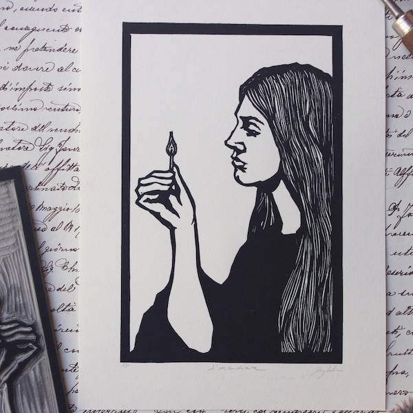 Linocut The Arsonist. Hand printed linocut.