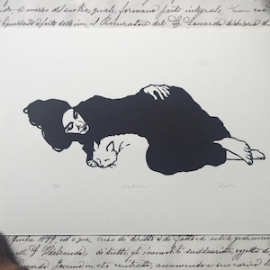 Grabado de gato "La Consolación". Linograbado a mano.