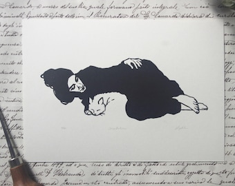 Grabado de gato "La Consolación". Linograbado a mano.