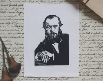 Linocut Dostoyevsky.Hand-printed linocut. Hand printed.