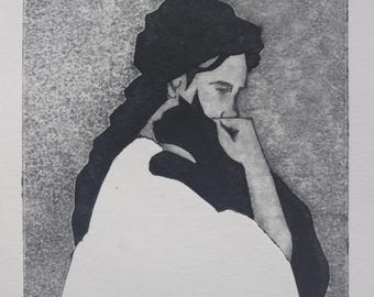 Estampe pointe sèche Le Refuge. Cat print. Intaglio tetrapak print.