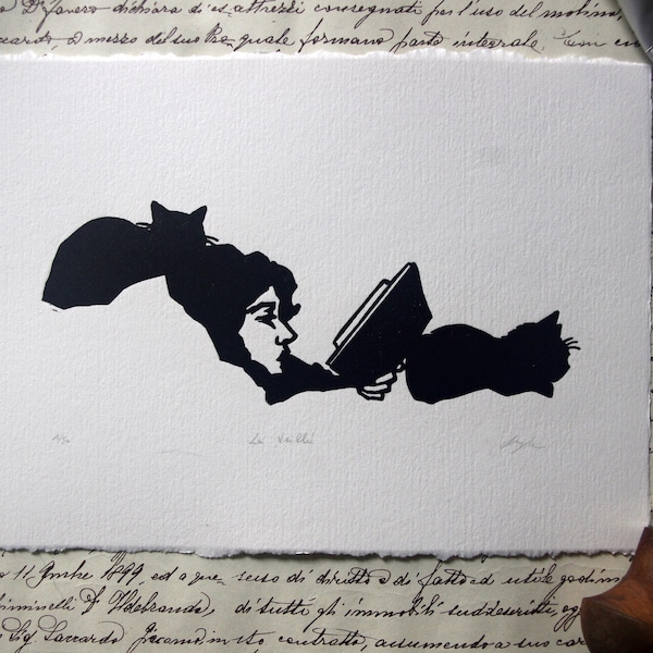 Linocut "The Vigil". Hand-printed linocut. Cat print