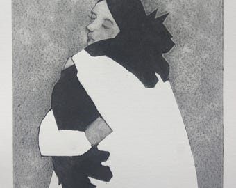 Estampe Le calin. Taille douce sur tetrapak. Tetrapak print. Cat print
