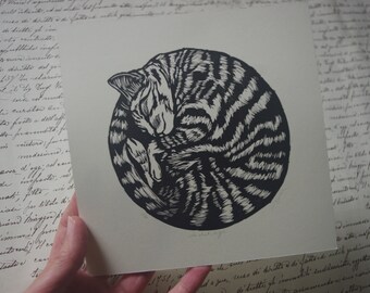 Linocut The tabby cat. Hand printed. Hand printed linocut. Cat Cat