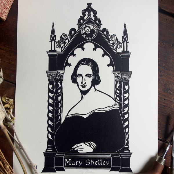 Mary Shelley. Linogravure imprimée à la main. Hand printed Linocut. Gothic. Frankenstein