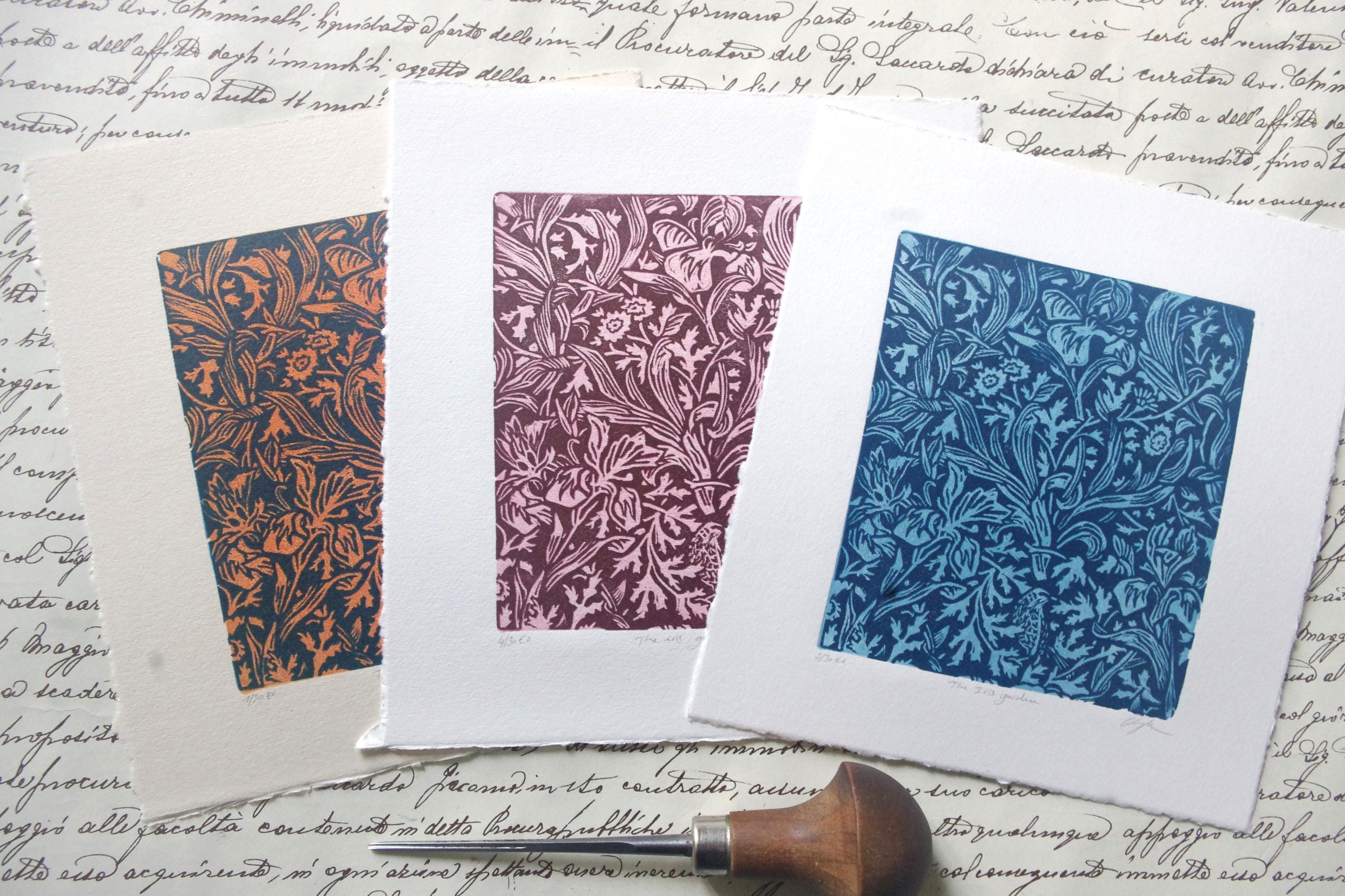 Linocut print The Iris Garden. Hand printed linocut. William Morris
