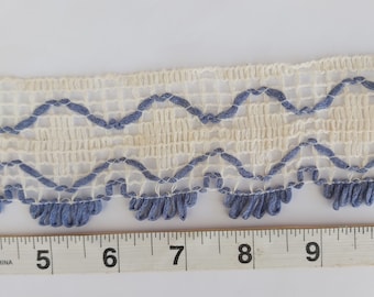 55mm wide cream and blue mesh ribbon trim, sewing cotton braid, trimming embellishment crafting slow stitching, haberdashery