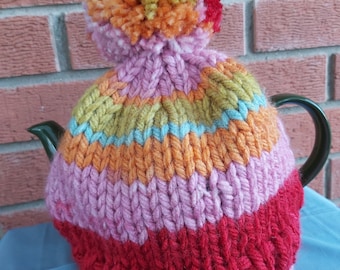 Handknitted Tea Cosy with pompom, a bright & fun cosy to cover your teapot, housewarming gift