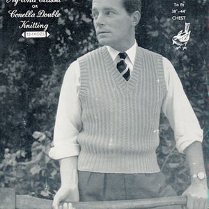 May include: A black and white photo of a man wearing a knitted v-neck vest. The vest is a light color and has a ribbed texture. The man is wearing a white shirt with a tie and is holding a wooden stick. The image is from a vintage knitting pattern leaflet. The text on the leaflet reads "A Robin Leaflet in Ny-lona Classic or Conella Double Knitting 12-14 ozs. No. 573 Price 4d To fit 38-44 Chest An Original Robin Design by Amanda Jaine."