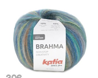 Katia Brahma - shade 306 blues & greens, 1 ball scarf or shawl to knit or crochet, 150g ball 810 metres, a limited edition soft brushed yarn