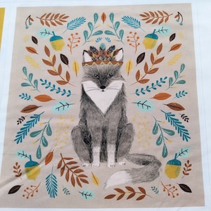 Fox cushion panel to make 2 foxy cushions, ready to cut, sew and fill  100% cotton, fox in woodland scene, leaves feathers acorns, toadstool