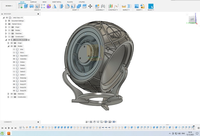 May include: A 3D model of a sphere with a complex, intricate design. The sphere is resting on a stand with a circular base. The model is rendered in a light gray color.