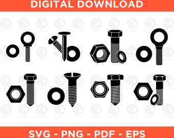 Bolt and Nut Silhouette SVG Bundle, Hardware Screw Silhouette PNG, Fastener Vector