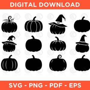May include: A digital download collection featuring twelve black silhouette graphics of pumpkins arranged in a grid. Some pumpkins are plain, while others are depicted wearing pointed witch hats with buckles. The text reads DIGITAL DOWNLOAD.