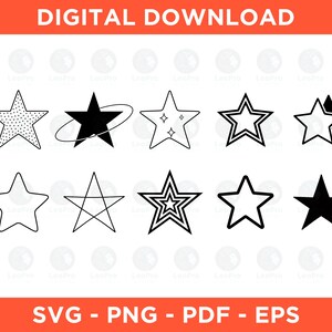 Puede incluir: Una descarga digital que presenta diez iconos de estrellas en blanco y negro dispuestos en dos filas. El conjunto incluye estrellas con texturas punteadas, anillos orbitales, destellos, contornos, formas superpuestas y rellenos sólidos, etiquetados con SVG, PNG, PDF y EPS.