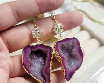 Mothers Day Gift Natural Geode Earring Dangle Gold G11-750