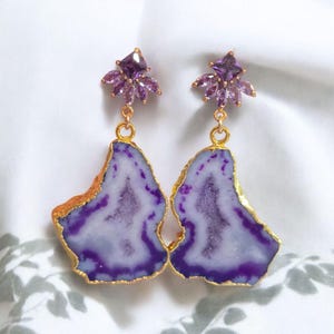 Purple Agate Statement Earrings – Amethyst Crystal Floral Studs with Raw Stone Drops | Bold Handmade Jewelry | One of a Kind Earrings