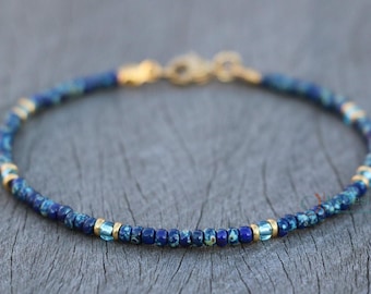 bracelets for women, handmade jewelry, cobalt blue and gold anklet, glass bead bracelet, small bead bracelet, dainty jewelry, gift for her