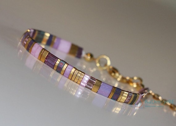 Bracelet Miyuki Tila Ajustable - Perles Mauve/Blanc/Doré - Fait Main