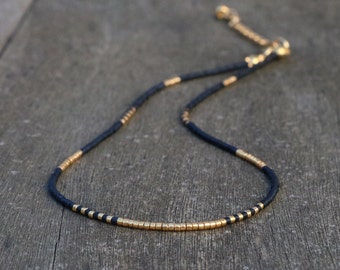 dainty gold necklace for women, black gold beaded necklace, handmade jewelry. Minimalist necklace, beaded choker, jewelry gift for her