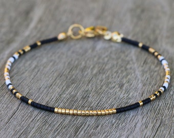 dainty gold bracelet, beaded bracelet, minimalist jewelry, tiny gold bracelet, bracelets for women, gold black white bracelet, gift for her