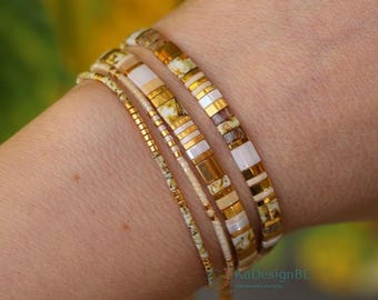 Ivory and gold Miyuki bracelet stack – 24 kt gold & picasso topaz tila + delica beaded bracelets | Minimalist dainty jewelry gift for her