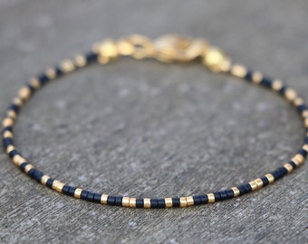 dainty gold bracelet for women, beaded bracelet, black and gold tiny beaded bracelet, minimalist bracelet, gift for her, seed bead bracelet