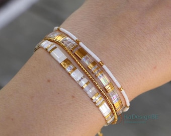 White gold Miyuki bracelet stack – Tila and delica beaded bracelets | Minimalist dainty jewelry set | Adjustable and custom | Gift for her