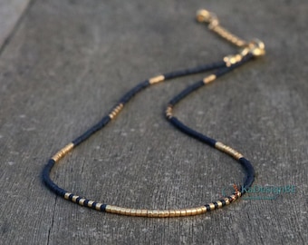 dainty gold necklace for women, black gold beaded necklace, handmade jewelry. Minimalist necklace, beaded choker, jewelry gift for her