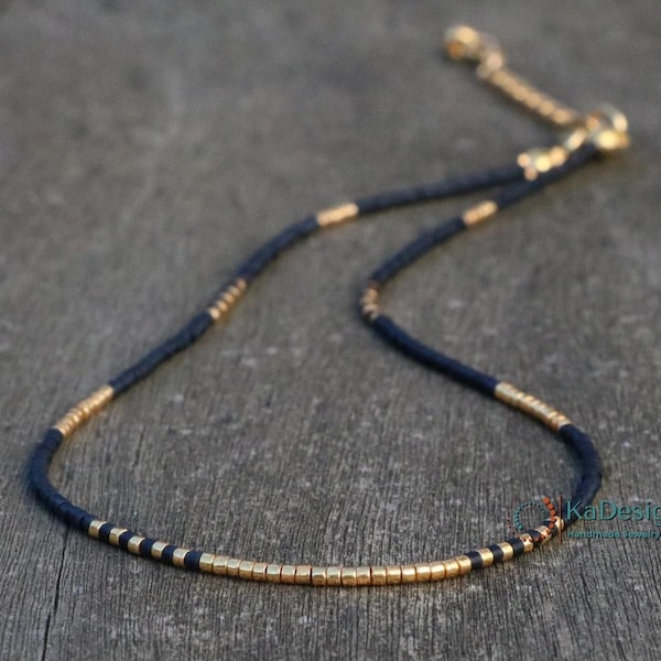dainty gold necklace for women, black gold beaded necklace, handmade jewelry. Minimalist necklace, beaded choker, jewelry gift for her