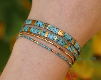 Turquoise gold bracelet stack | Boho chic jewelry | Dainty layering bracelets | Custom adjustable bracelets | Tila bracelets for women
