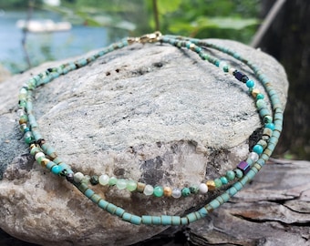 9" Afghan Turquoise + Tiny Gemstone Beaded 2 Strand Anklet | Handmade in Vermont