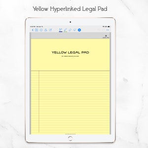 Puede incluir: Un bloc de notas legal amarillo en la pantalla de una tableta. El bloc tiene papel rayado y el texto "YELLOW LEGAL PAD" en la parte superior.