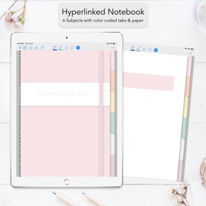 May include: A digital notebook displayed on a tablet, featuring a pink cover and color-coded tabs. The text "Hyperlinked Notebook" and "6 Subjects with color coded tabs & paper" are visible. The notebook's cover has the text "Creative Caitlyn Com".