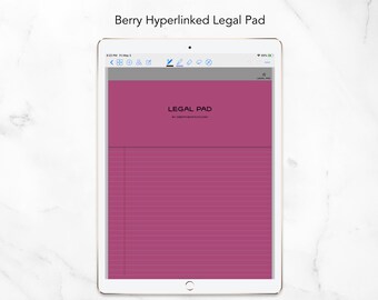 May include: A digital legal pad displayed on a tablet. The pad is berry-colored with horizontal lines and the words "LEGAL PAD" in white. The tablet's screen also displays the text "Berry Hyperlinked Legal Pad".