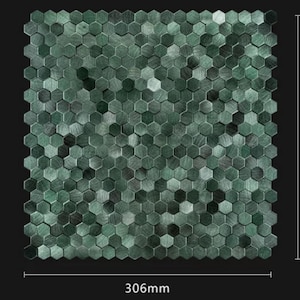 May include: A square of green hexagonal tiles, each with a brushed metal appearance. The tiles are 306mm wide and 308mm high, creating a textured surface. The color palette includes shades of green and gray.