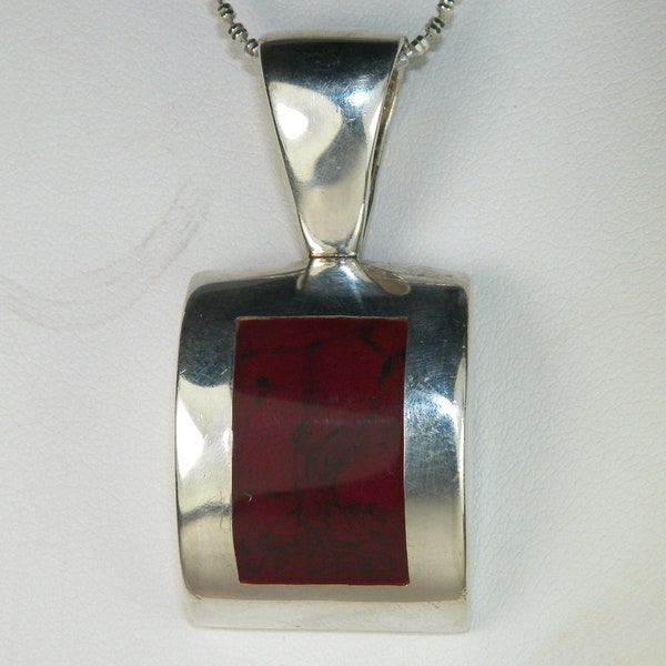 Vintage Messicano Sterling Argento Rosso Howlite Solitario Pendente Collana-20"