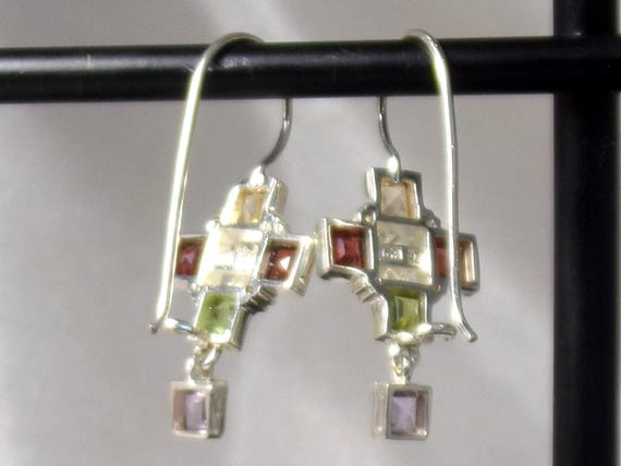 Sterling Silver Multi Colored Stone Dangle Cross … - image 5
