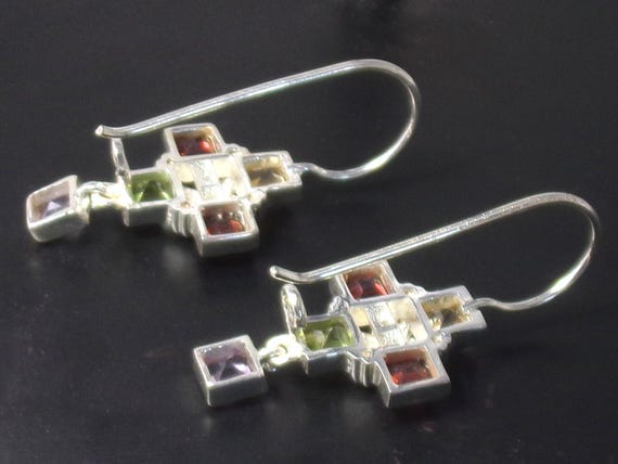 Sterling Silver Multi Colored Stone Dangle Cross … - image 6