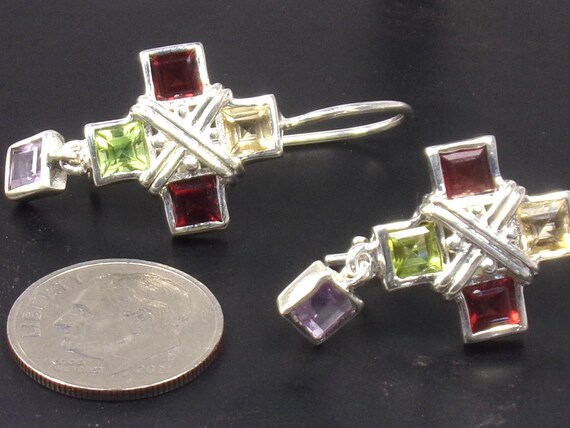 Sterling Silver Multi Colored Stone Dangle Cross … - image 4
