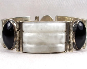 Sterling Silver Mexico Carved Black Onyx Gray Agate Panel Fashion Bracelet-7"